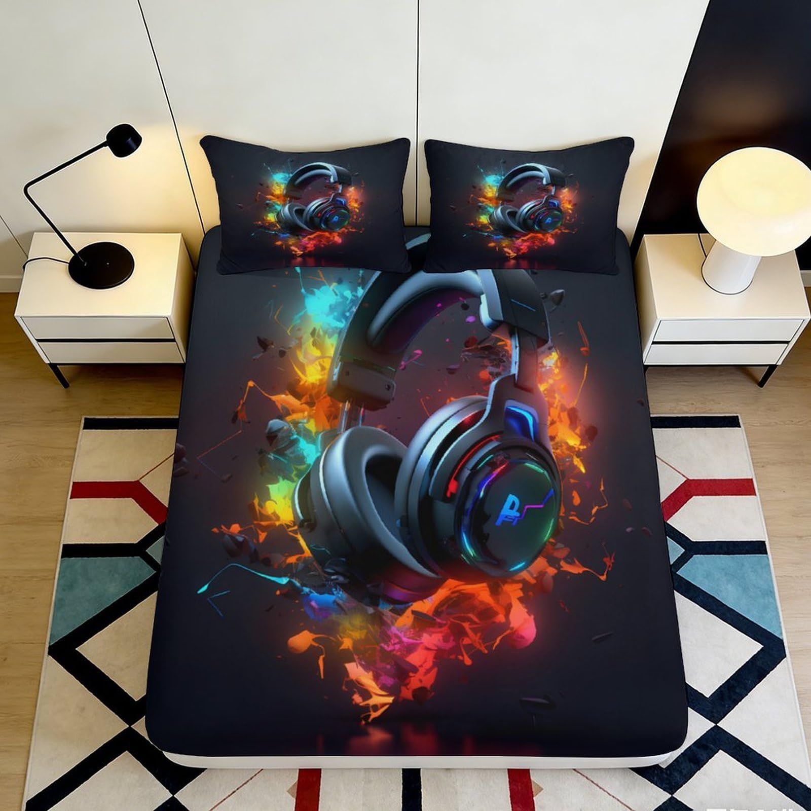 Jqzkxnhpbr Style-3 3D Printed Headphone Art Fitted Sheet Microfiber Vibrant Bedroom Decor Music Splash Mattress Cover 90X200x25cm