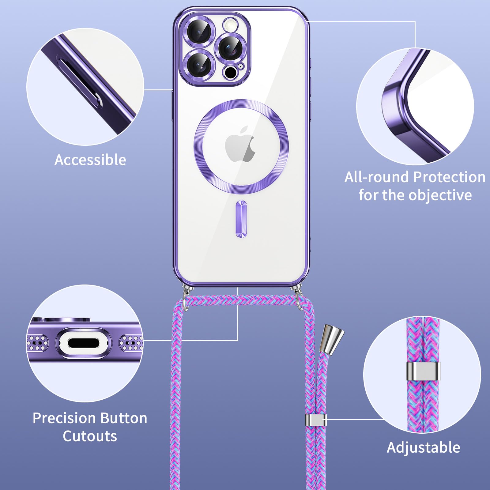 Magnétique Coque Pour IPhone 15 Pro Max Avec Cordon De Collier, [Compatible Avec MagSafe] Transparent Réglable Portable Lanyard Necklace Case Silicone PC Antichoc Housse IPhone 15 Pro Max,Noir Mat