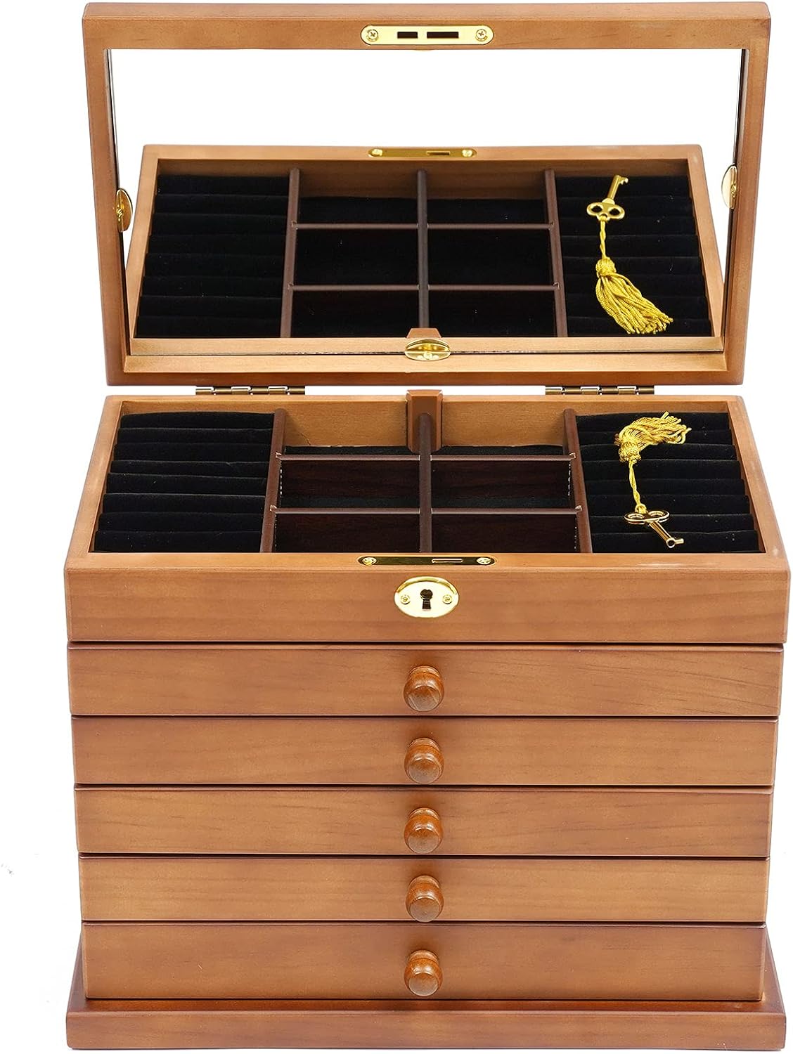 LOYALHEARTDY 6 Layers Large Wooden Jewelry Box Drawer, Jewelry Case Cabinet with Mirror and Lock Ring Necklacel Earrling Bracelet Organizer Storage Display Box Gift for Woman or Girl