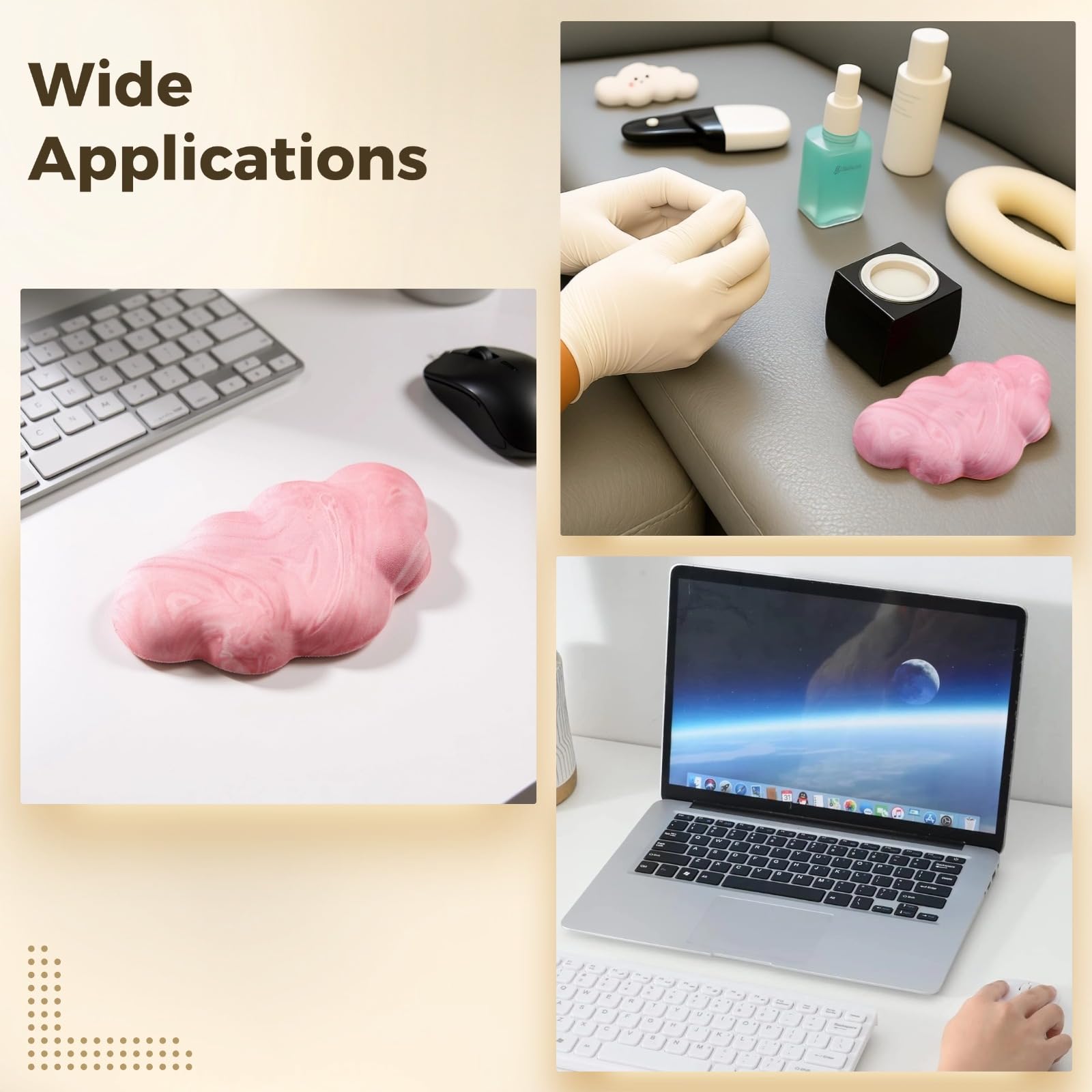 4-teiliges Wolken-Handgelenkauflagen-Set, ergonomische Tastatur-Maus-Handgelenkstütze aus Memory-Schaum, niedliche rosa weiße geformte Polster, rutschfeste Armlehne für Büro-Gaming-Laptop
