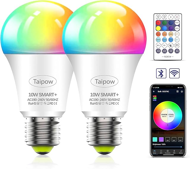 Taipow E27 Alexa Smart Bulb, 10W Led Colour Changing RGB Light Bulbs with Remote Control, WiFi, Bluetooth Connection, and Voice Control with Echo, Google Home Smart Speaker - 2 Pack