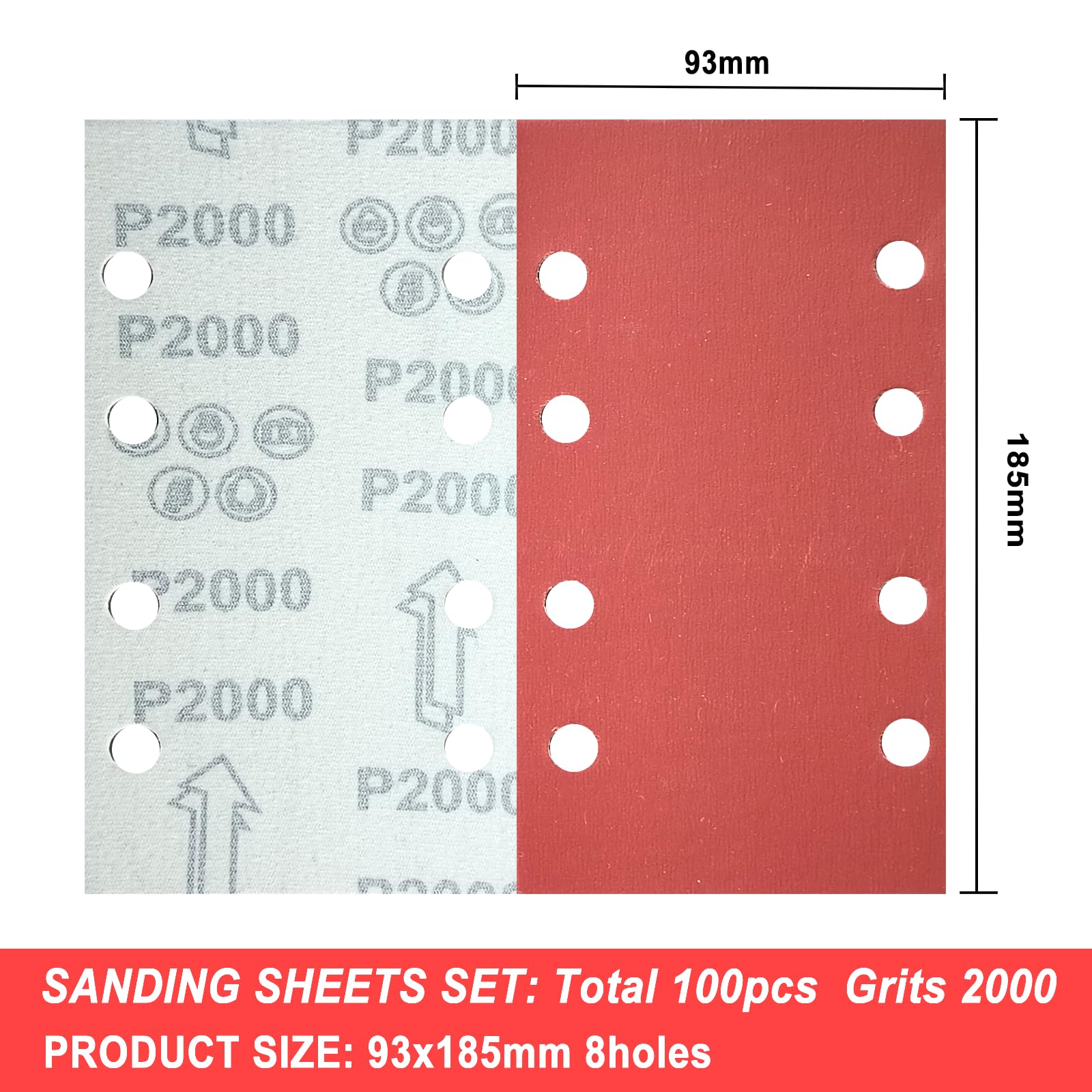 Wanmutrun Rectangular Detail Sandpaper 100Pcs Sander Pads 93x185MM Grit 2000 8Hole Sanding Sheets for Electric Sander Hook and Loop Sanding Pads - Image 2