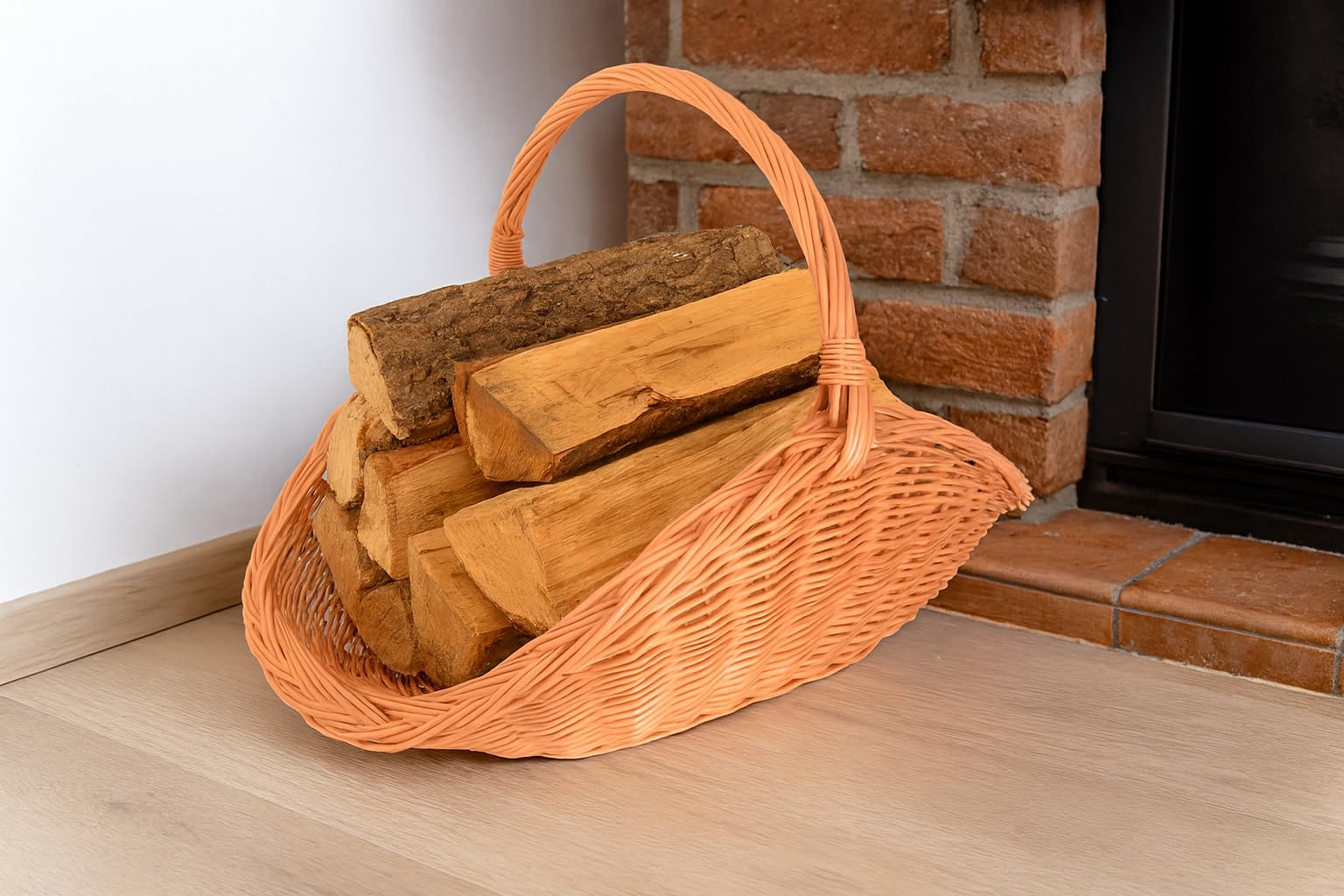 kosz na drewno kominkowe z wikliny 70 x 44 cm – ręcznie robione kosze drewniane i dekoracyjne z uchwytem – kosz na drewno kominkowe naturalny, kosz na opał – uniwersalny do drewna kominkowego