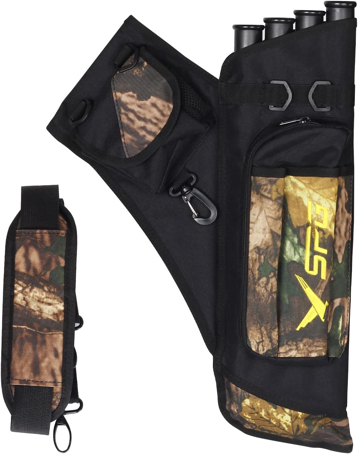 Archery Quivers Arrow Hip Quiver with 4 Tubes Adjustable Waist Belt Storage Compartment for Accessories Tools,Release Tab,Score Card