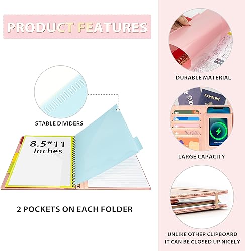 Miniatura 4 de Portapapeles de cuero en espiral de oro rosa con almacenamiento para mujeres, cartera de 5 carpetas con 10 bolsillos, carpeta organizadora plegable