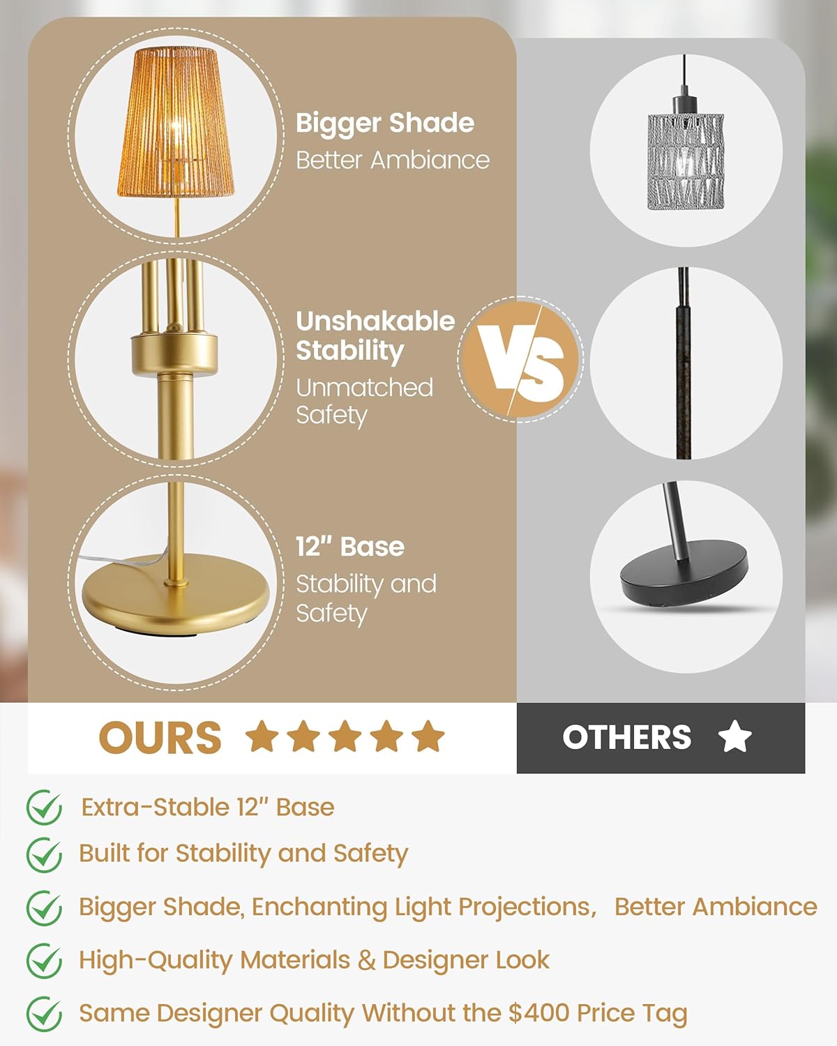 Boho Floor Lamp, 68in. Rattan floor lamp with Natural Woven Shade, Rustic Standing Lamp for Coastal, Beach or Bohemian Style Decor, E26 Socket, On/Off Footswitch Lamp for Living room, Bedroom (Gold)