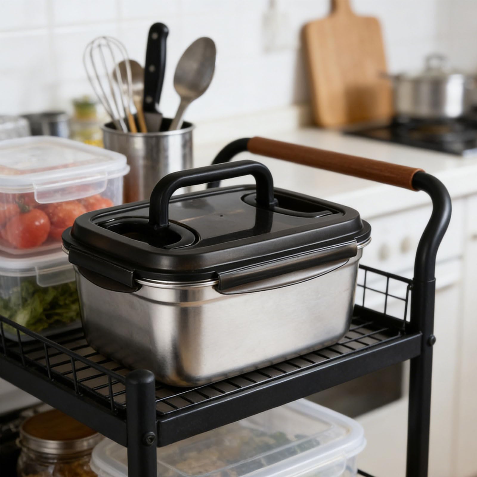Contenedor de almacenamiento de alimentos de acero inoxidable sellado con cubierta segura para mantener las comidas frescas, ideal para cocina, oficina, almuerzo