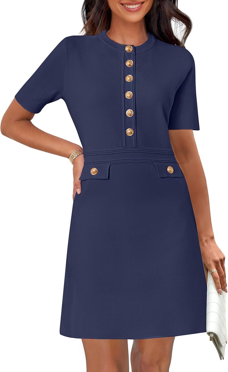 MEROKEETY Women's Summer Short Sleeve Bodycon Sweater Mini Dress | Business Casual Outfits, Button Down, Formal Work Office Short Dress, Elegant Classy, Crewneck, Knit Fabric, Funeral Dress