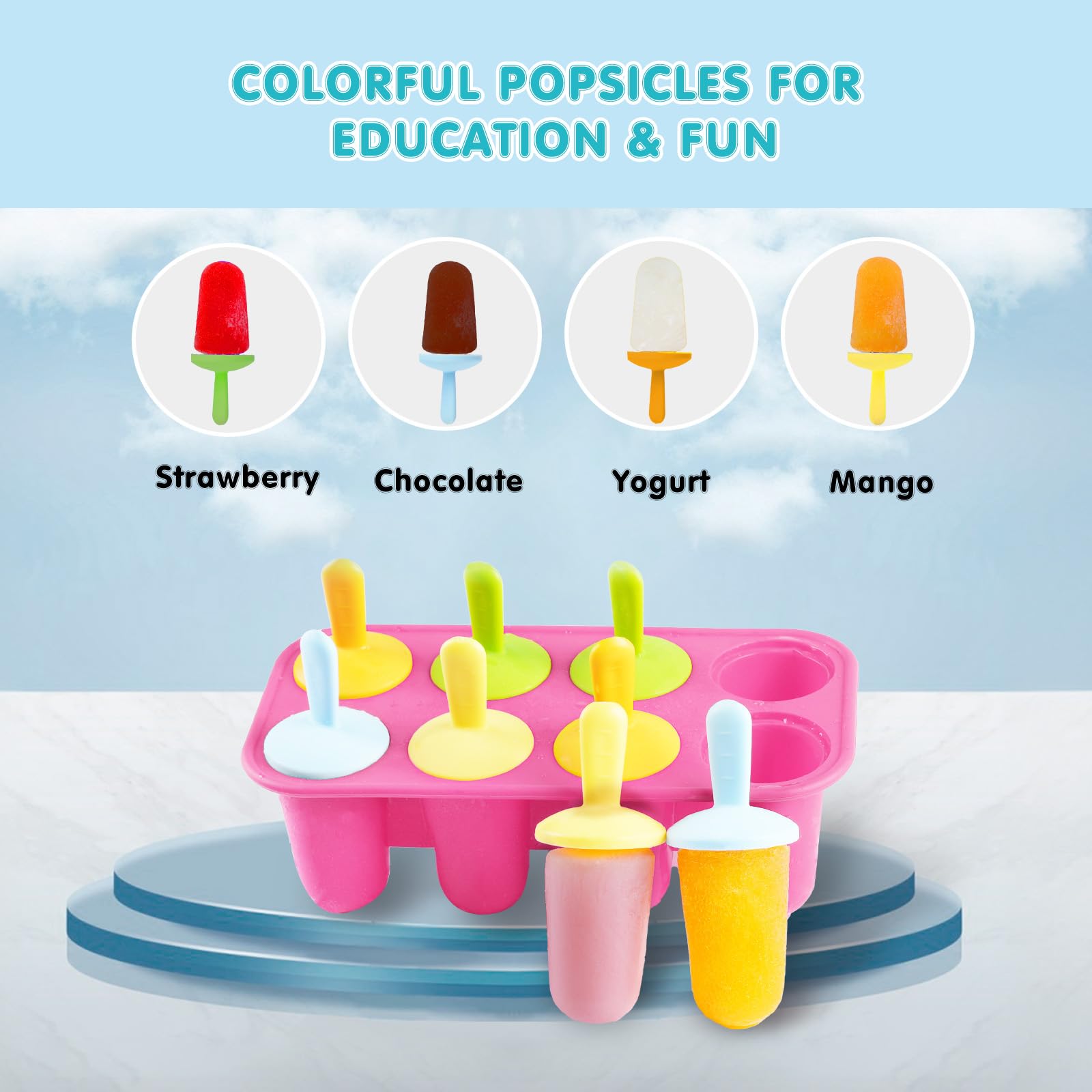 Moldes de silicona para paletas pequeñas de 8 cavidades sin BPA de alta calidad, molde para paletas pequeñas, molde para paletas de hielo con 8 palos reutilizables coloridos para niños (rosa) 7