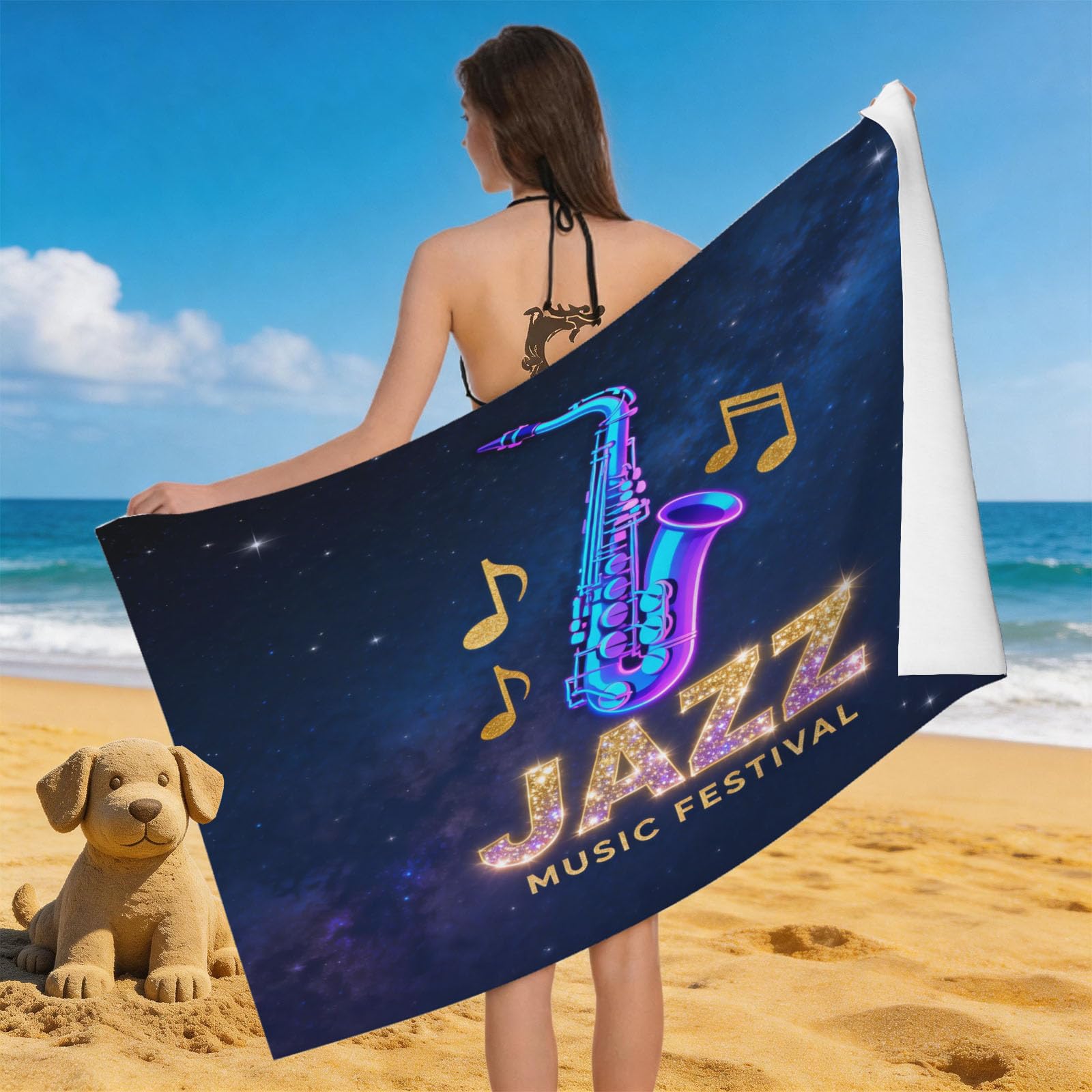 Leichong 3D Saxophone Beach Towel Microfiber Soft Quick Dry for Adults, Neon Effect Bath Towel Lightweight Soft Absorbent for Travel Swimming Pool Sports, 75 x 150 cm