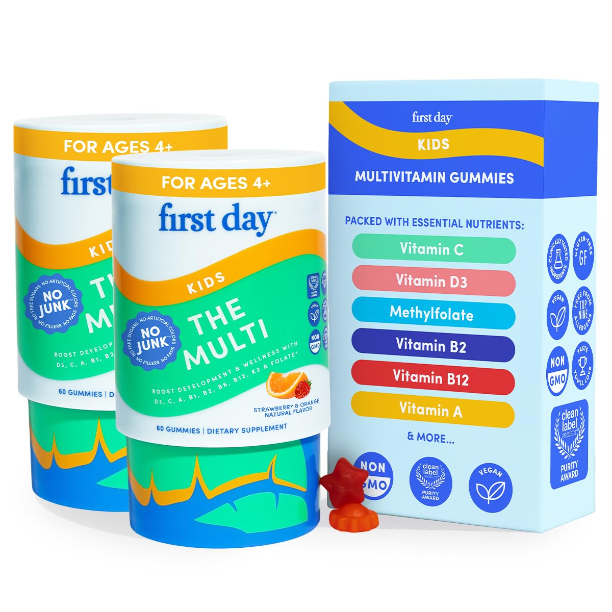 FIRST DAY Kids Multivitamin Gummies Age 4+, Strawberry & Orange - Kids Vitamins Multivitamin Gummy A C D3 K2 B1 B2 B6 B12 Folate, Immunity & Brain Function, Vegan - 60 Day Supply, Packaging May Vary