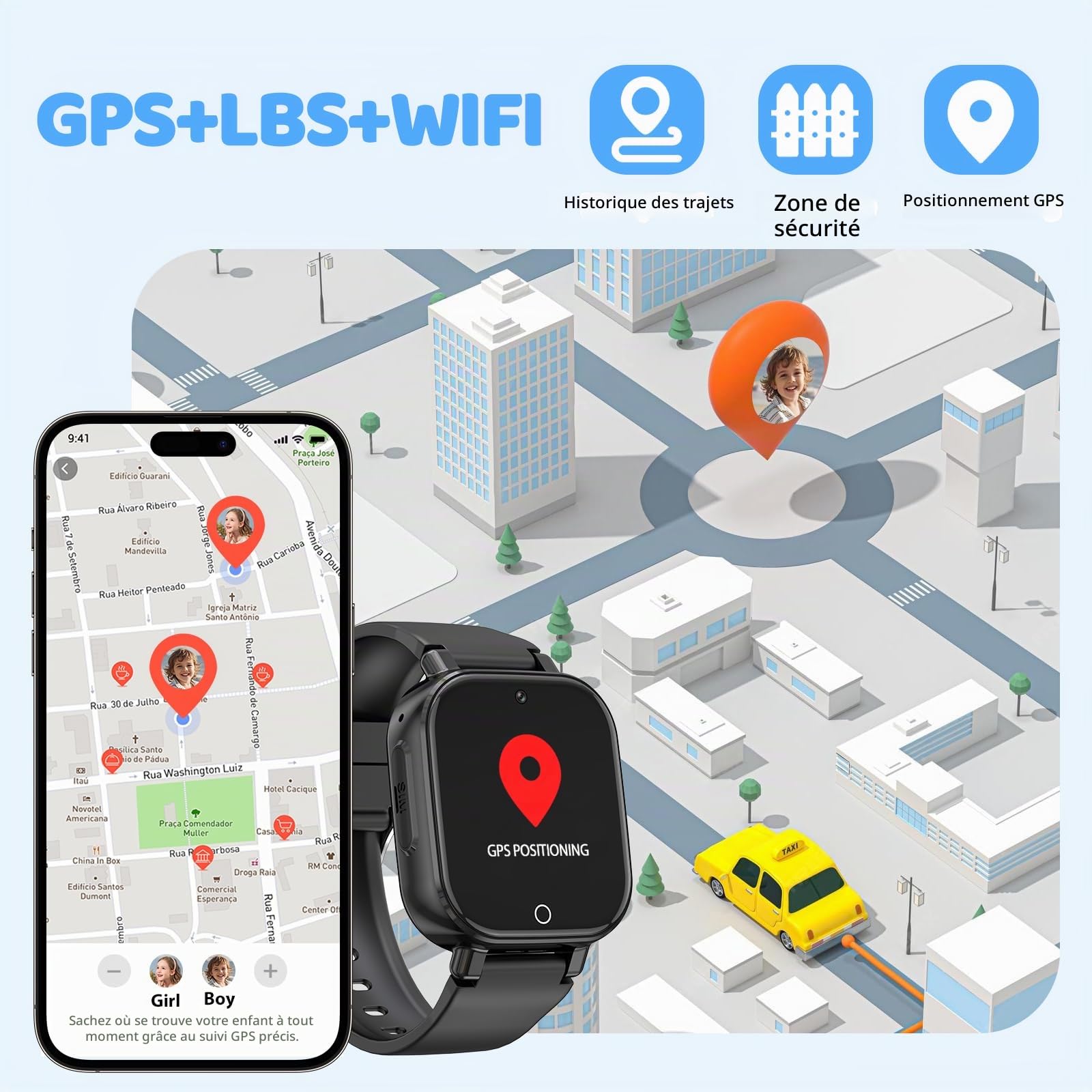 Montre Connectée Enfant, Smartwatch GPS/Téléphone/Appels Vidéo/Chat Vocal | SOS/Mode École/Réveil/Appareil Photo/Podomètre, Montre Intelligente Pour Enfant Cadeau pour Garçons et Filles, Violet