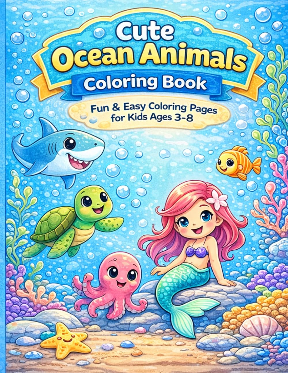 Cute Ocean Animals Coloring Book: Fun and Easy Ocean Animal Coloring Pages for Kids Ages 3-8