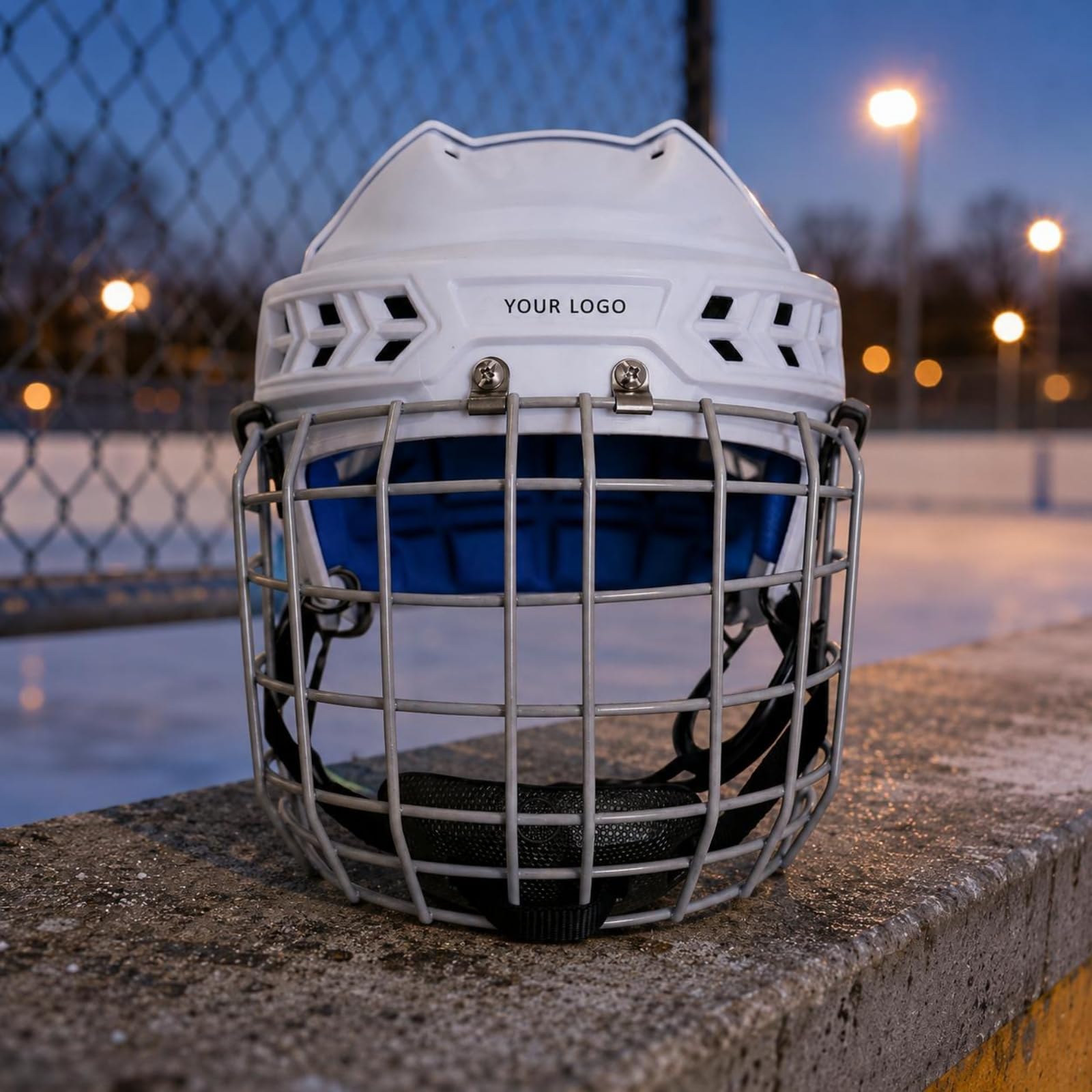 MERIGLARE Casque de Hockey avec Coque Rigide Blanche Cage pour Le Visage Système d'Aération et Rembourrage Confort Adapté à la Sécurité Lors de de Glace d'Entraînement et Usage Courant, S 53.5 57cm