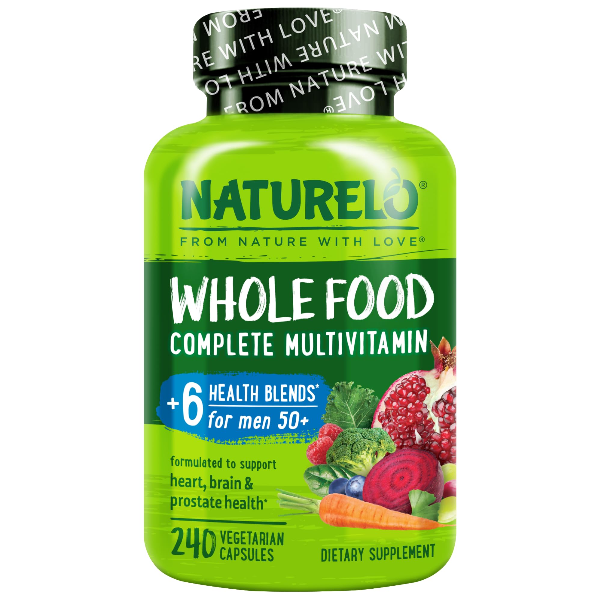 NATURELO Whole Food Multivitamin for Men 50+ - with Vitamins, Minerals, Organic Herbal Extracts - Vegan Vegetarian - for Energy, Brain, Heart and Eye Health - 240 Capsules