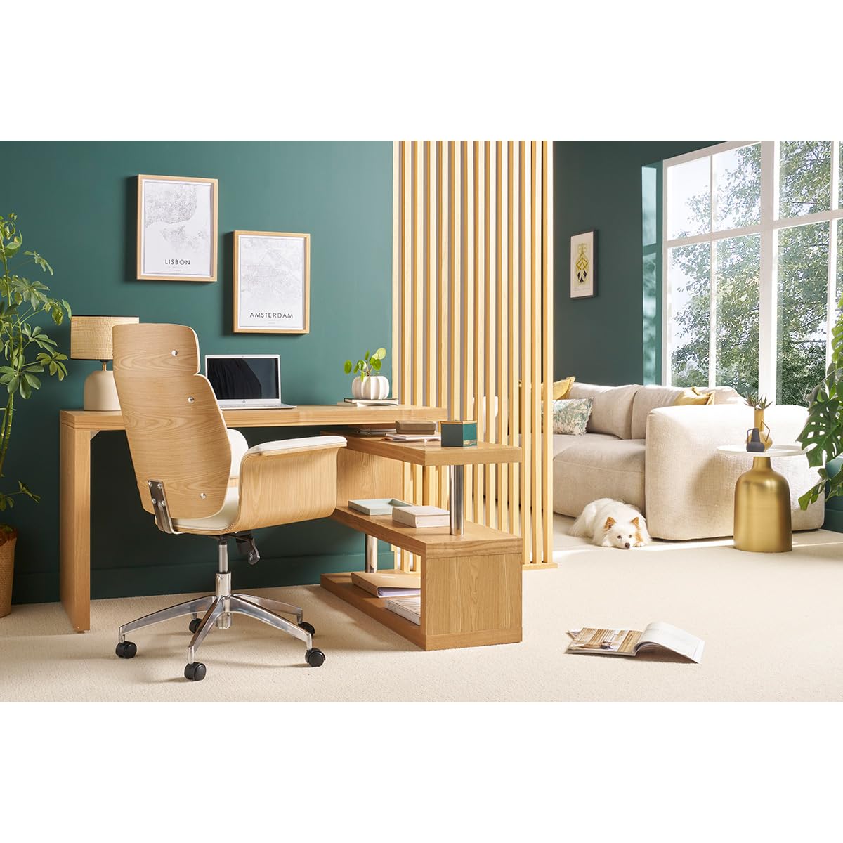 Miliboo Fauteuil de Bureau Design Blanc et Bois Clair Elon