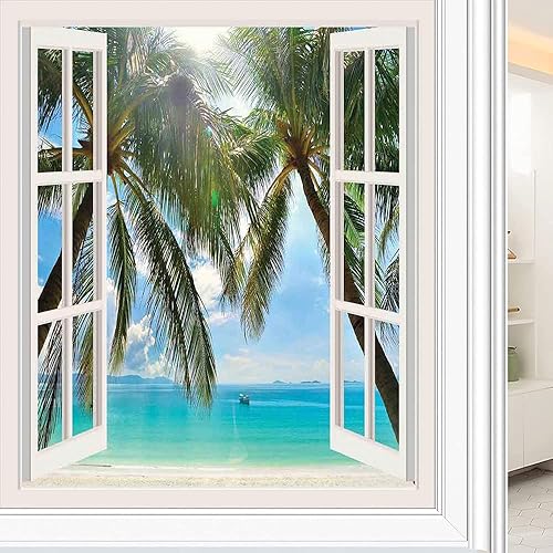 Película adhesiva tropical para ventana, ventana a la exótica playa, paisaje, composición pastoral con palmeras, para bloqueo UV, control de calor,