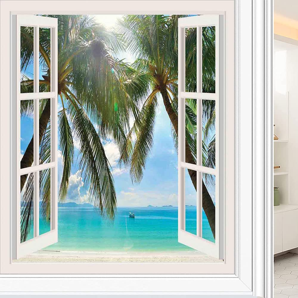 Tropical Decorative Window Film, Window to The Exotic Beach Landscape Pastoral Composition with Palm Trees, Glue Free Static Privacy PVC Window Film,