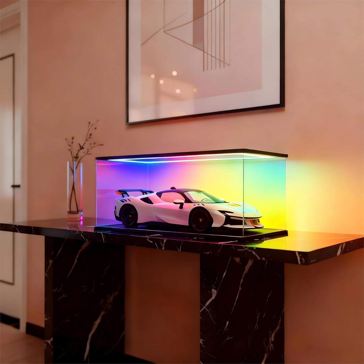 Clear Acrylic Display Case with RGB LED Lights,Storage Box Showcase Dustproof Organizer Box for 1/8 Scale,Model Cars Lego Technic F1,42141,42171 Collectibles( 27.6x11.8x7.9inch/70x30x20 cm)