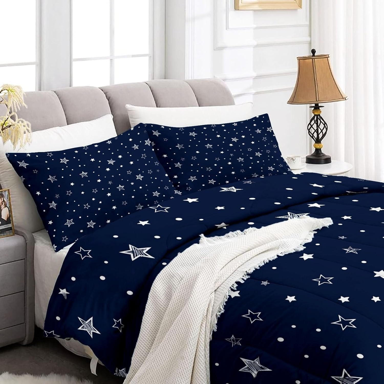 Genérico Edredon Cama 150 Puntos de Estrella Edredón Nordico Adulto sin Funda Reversible Azul Oscuro Estampado Suave Ligero Transpirable Duvet 220x240 cm Incluye 2 Fundas de Almohada 50x75 cm YUa869