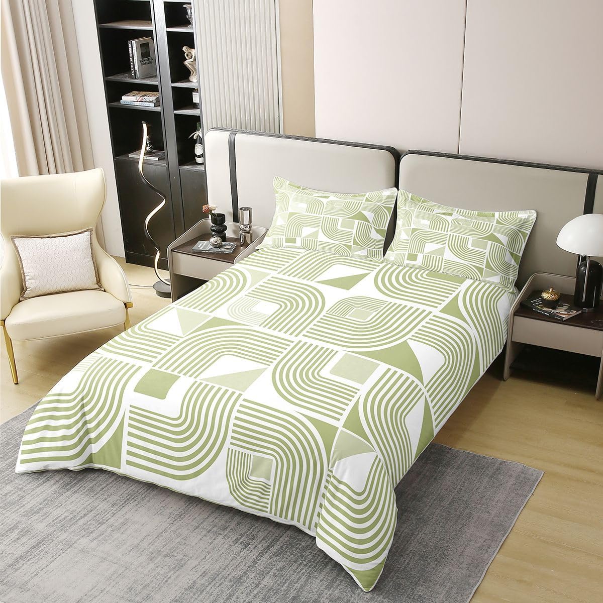 Erosebridal Abstract Duvet Cover Set Modern Line Art 100% Cotton Comforter Cover | Light Green Striped King Bedding Set, Boho Swirl Lines Bed Sets