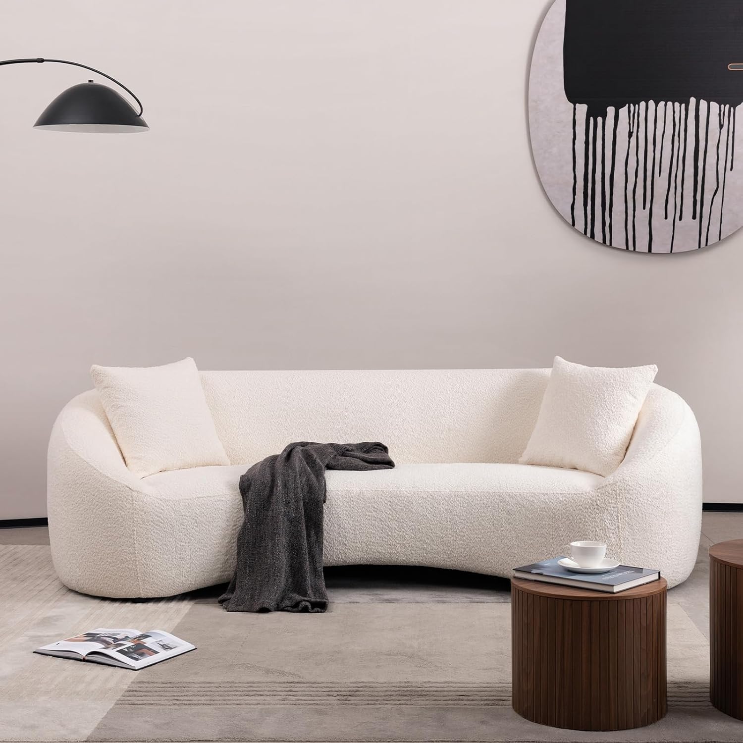 KEIKI 93.3" Curved Sofa Couch, Oversized 3-Seater Luxury Boucle Cloud Couch with 2 Pillows, Minimalist Curved Back Sofa for Living Room Apartment Office, No Assembly Required (White)