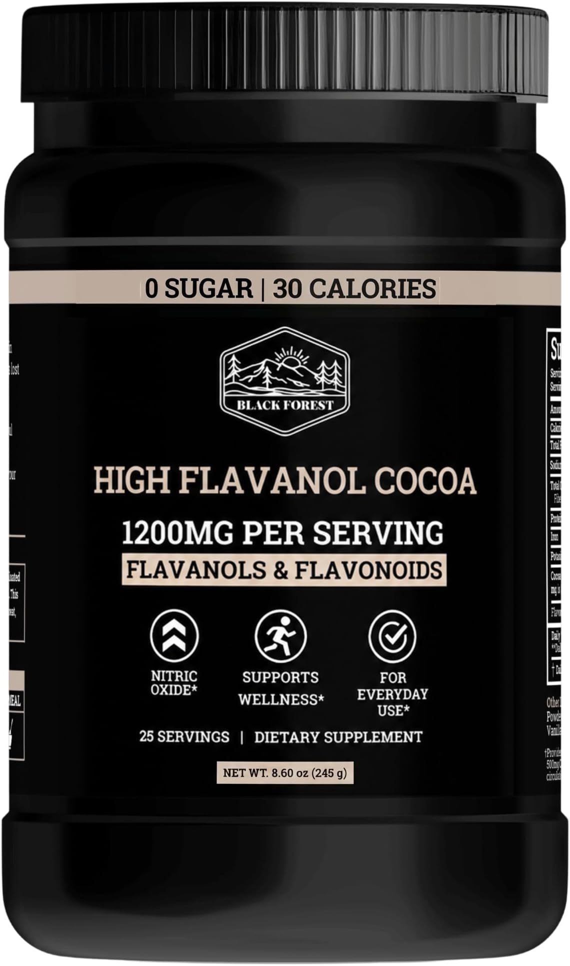 Black Forest High Flavanol Cocoa Powder - 1200mg Flavanols & Flavonoids with 600mg Epicatechin - 10X Concentrated Dark Cocoa Extract for Nitric Oxide and Wellness Support - Non-GMO Vegan