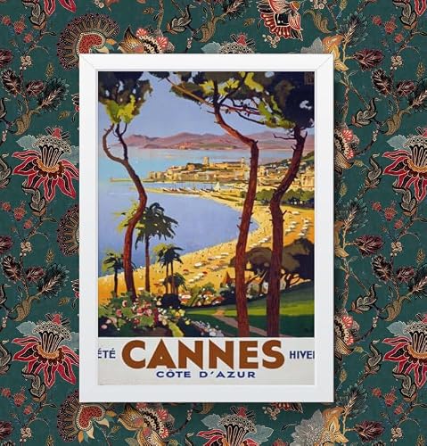 Image of Vintage 1930's Cannes Cote D'Azur French Travel Poster Wall Art Print | (A3 Framed - White Frame)