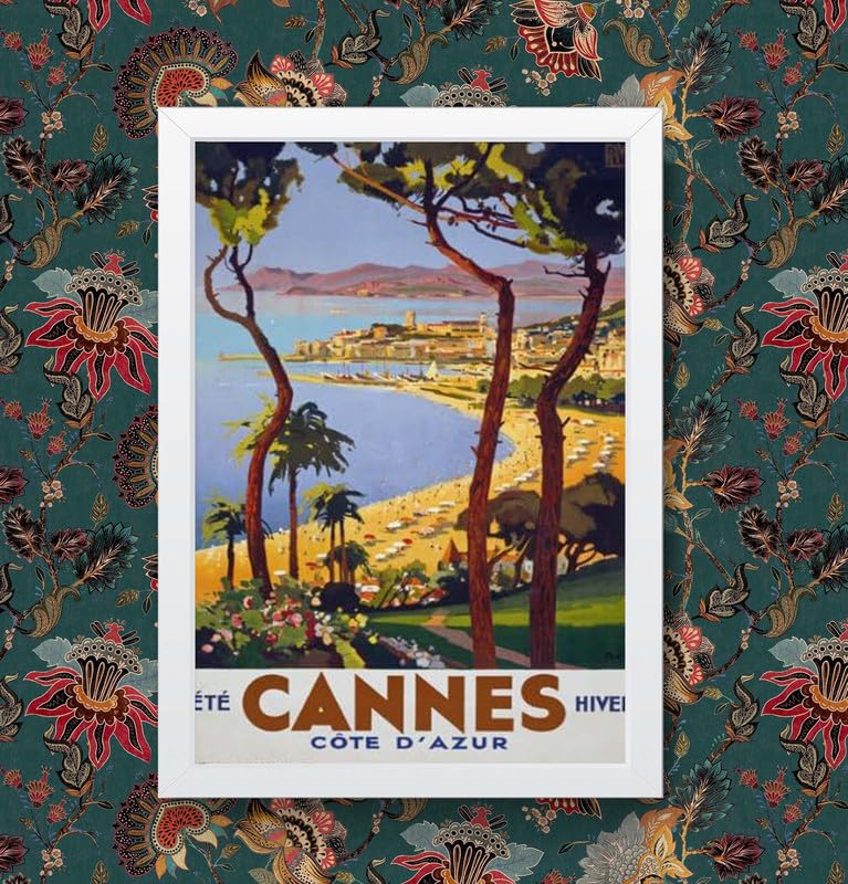 Vintage 1930's Cannes Cote D'Azur French Travel Poster Wall Art Print | (A3 Framed - White Frame)