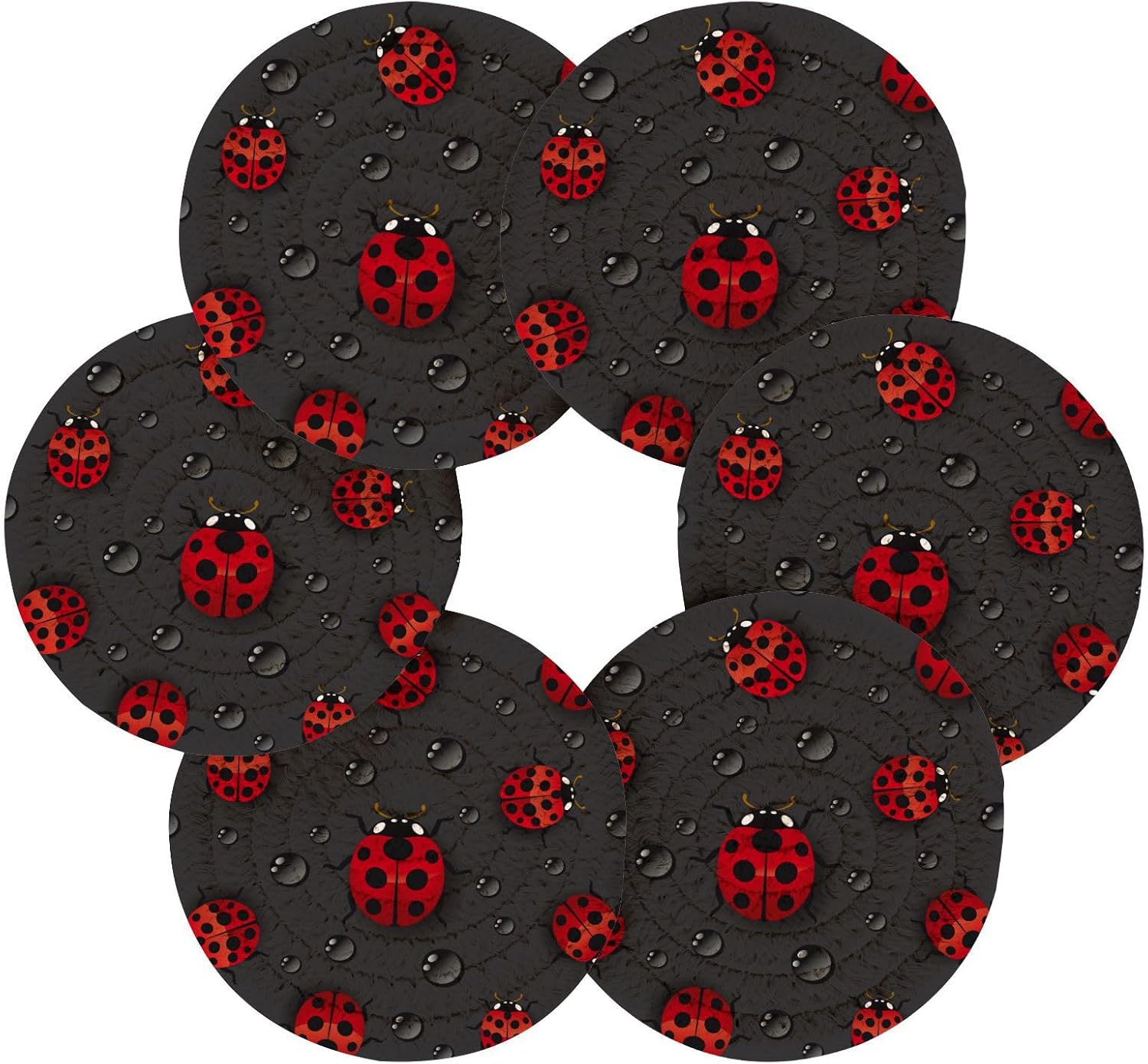 YETTASBIN てんとう虫 ドリンクコースター ホルダー付き コットン織り 吸水性 耐熱性 ラウンドコースター 滑り止め テーブ