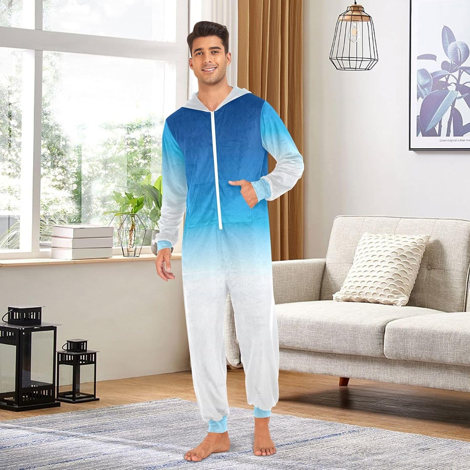 GAIREG Blue and White Adult Onesie Pajamas, Soft Plush Hooded One Piece Sleepwear for Men Women Christmas