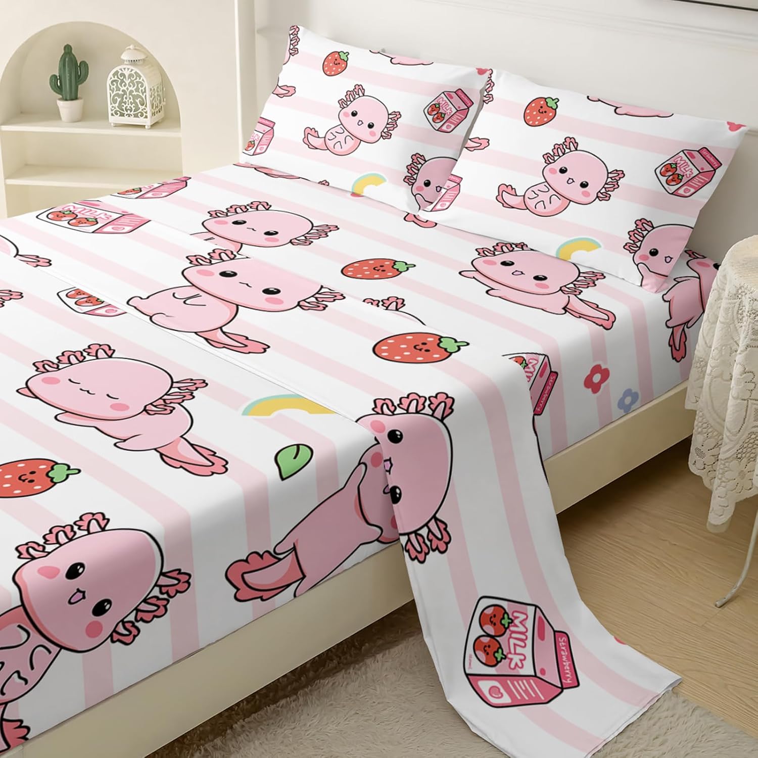 QOOMO Funny Axolotl Bedding for Boys and Girls Pink Striped Silky Soft Microfiber Bed Sheets Marine Life Soft Kids Bedding Set Queen Size 1 Fitted Sheet, 1 Flat Sheet, 2 Pillow Cases