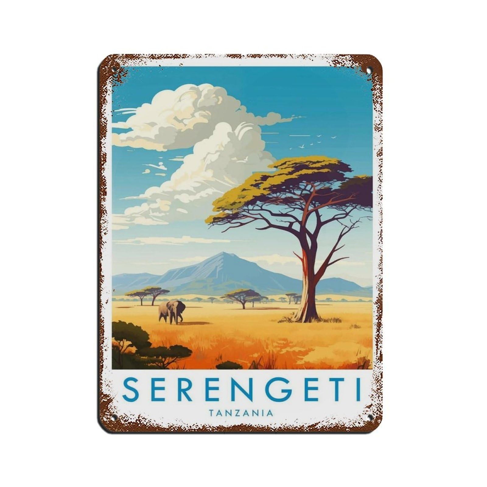 Serengeti Travel Poster, Tanzania Retro Poster Metal Tin Sign Chic Art Retro Iron Painting Bar People Cave Cafe Family Garage Poster Wall Decoration 12x16inch(30x40cm)