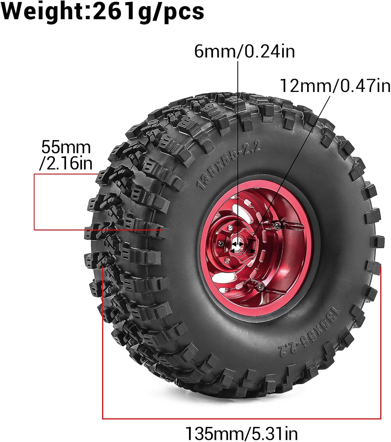 2.2" Beadlock Wheels and Tires 135mm (5.31in) for SCX10 RBX10 Wraith TRX4 1/10 RC Crawler Upgrade Parts (Red, 4pcs)