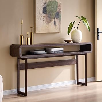 IFGET 63-Inch Long Console Table, Modern Curved Entryway Table, Dark Walnut