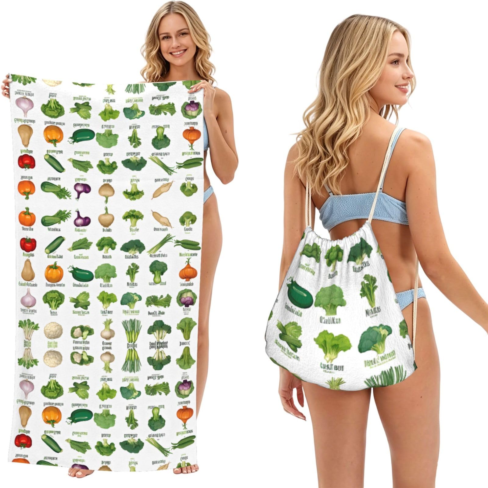 EZDLOWVBA Introduction Of Various Vegetables Print Beach Towel Backpack 2 In 1 Summer Large Lightweight Beach Towel - Multifunctional Ship Pattern Towel Bag For Storage,Sport