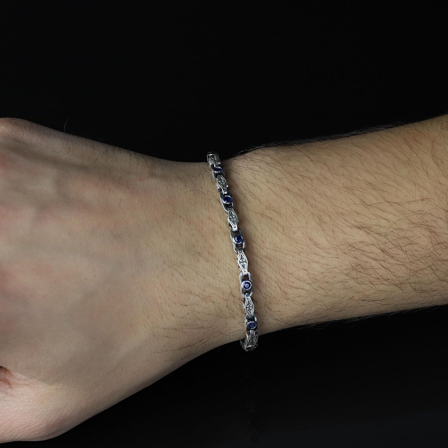 Mercan Silver Men Handmade Sapphire Link Chain Bracelet, Vintage Sapphire Chain Bracelet, Turkish Handmade Chain