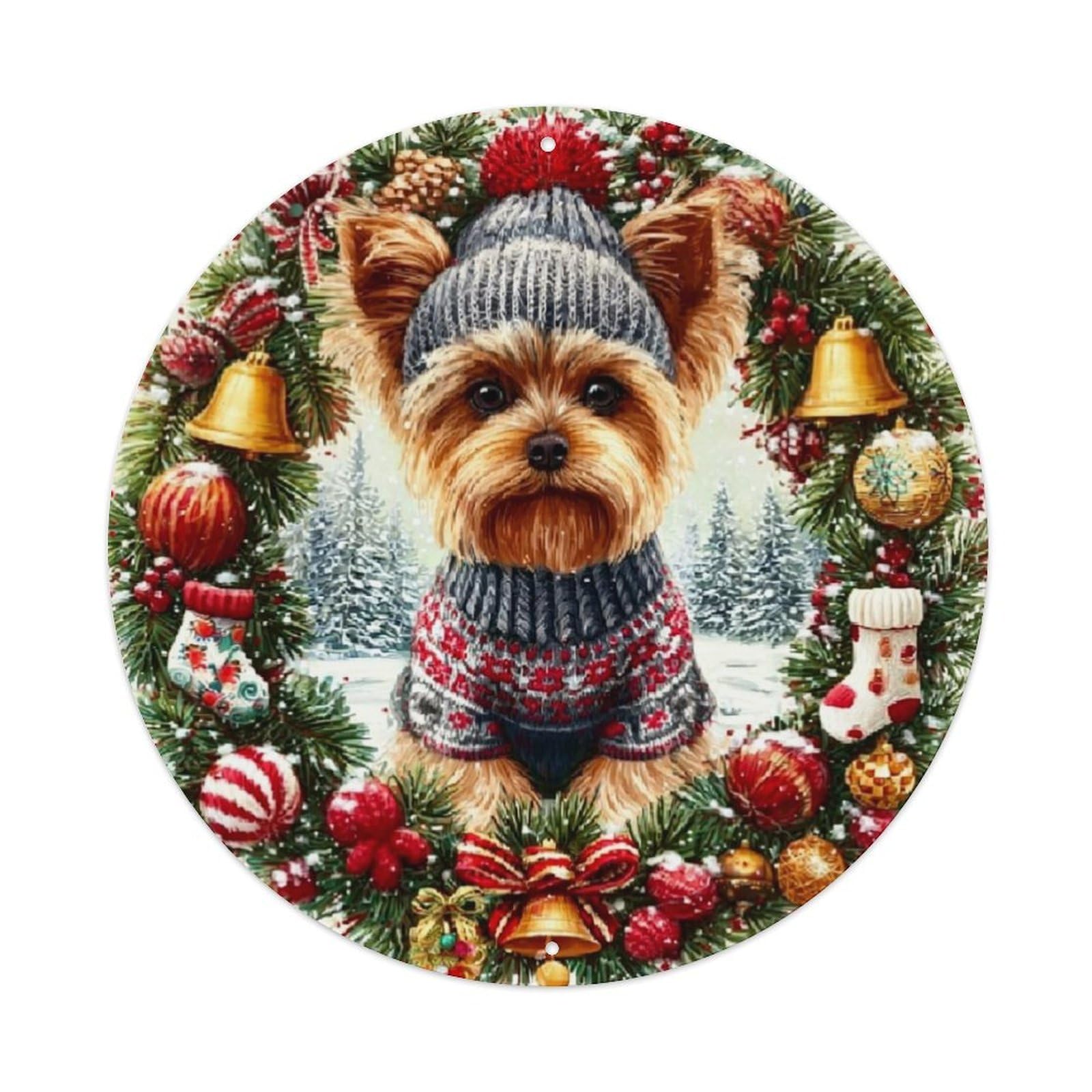 Christmas Dog Wreath Ornament Retro Metal Sign Round Tin Sign, Vintage Decor Art Poster for Bar, Home, Man Cave, Kitchen, Laundry Room Gift 8x8Inch
