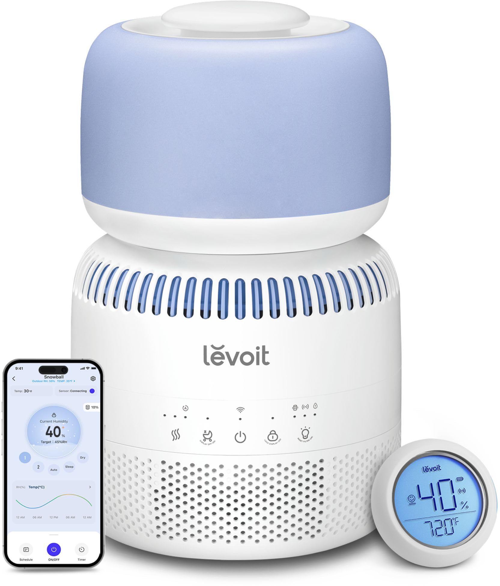 Levoit Sprout Umidificatore evaporativo, 3,8 l, per camera da letto, cameretta dei bambini, < 26 dB, silenzioso, 36 H, Smart Umidificatore con luce notturna senza luce blu, sensore separato, Auto Dry
