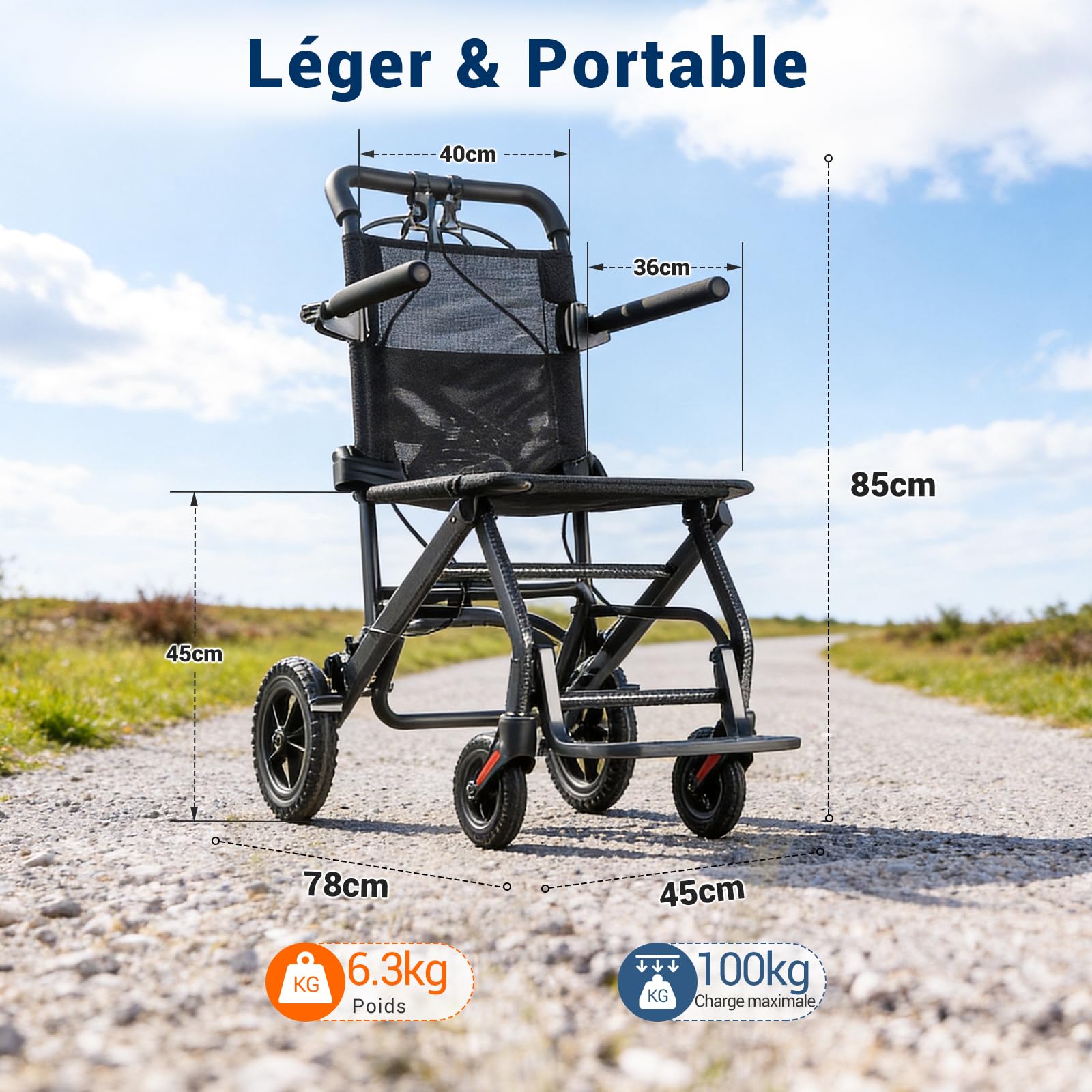 Care Parents Fauteuil Roulant de Transfert Pliable et Ultra-Léger (6,3 kg) - En Aluminium, Compact pour Voyage - Freins Tierce Personne et Ceinture - Assise 40 cm, Jusqu'à 100 kg (CP-A188)