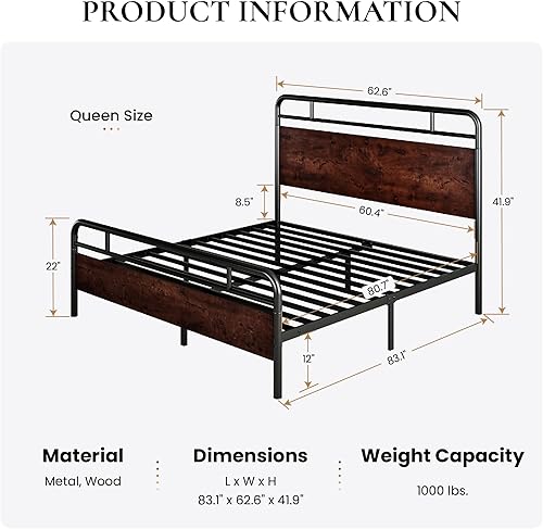 Miniatura 2 de SHA CERLIN Queen Size Bed Frame with Wooden Headboard and Footboard, Rounded Corner Metal Structure, Heavy Duty Slats with Under-Bed Storage, No Box