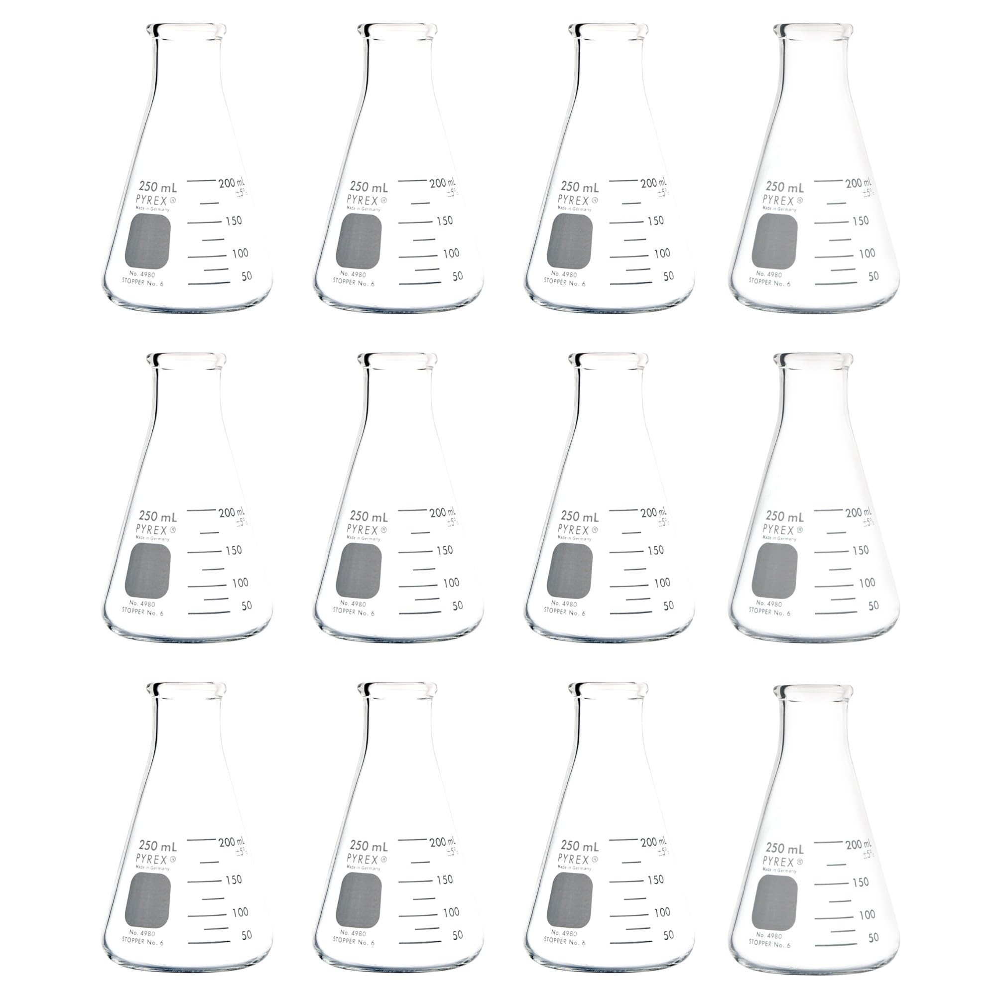 PYREX 250mL Narrow Mouth Erlenmeyer Flasks with Heavy Duty Rim ,12/pk