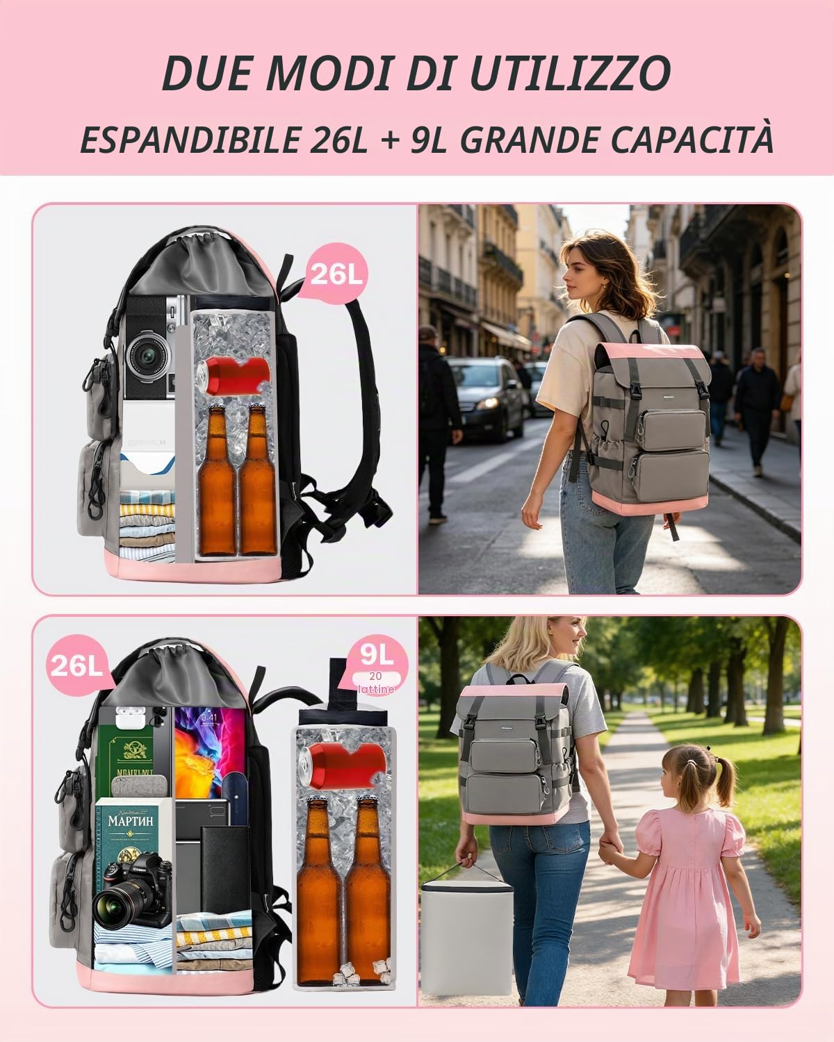 Odoland Zaino Termico 2 in 1, Zaino Termico Isolante con Scomparto Principale da 26L e Frigorifero Isolato da 9L, Borsa Frigo Portatile a Prova di Perdite per Spiaggia, Picnic, Viaggi, Famiglia