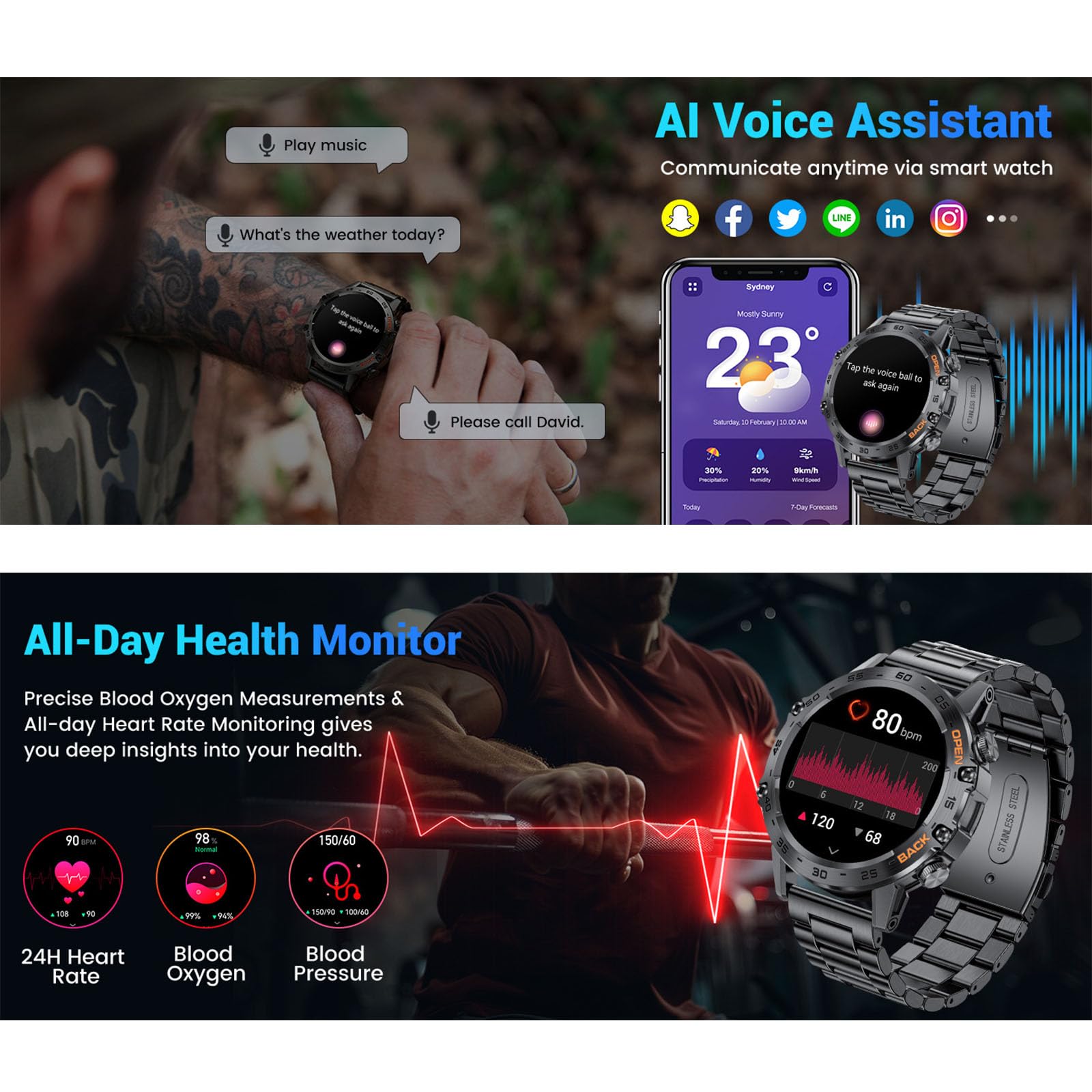 Inteligentne Zegarki Dla Mężczyzn, Inteligentny Zegarek Z Połączeniem Głosowym Bluetooth, Inteligentny Zegarek Z Pulsometrem, SpO2, Ciśnieniomierzem Snu, Wodoodporny Zegarek Taktyczny IP67,A