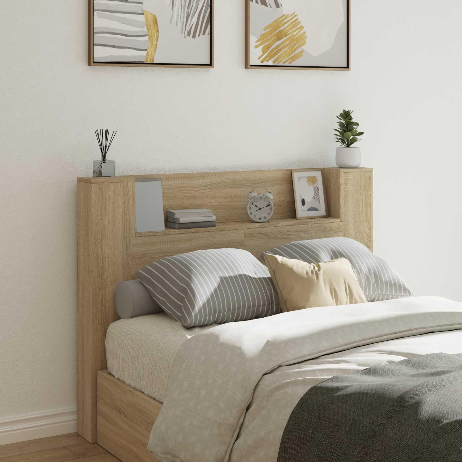 Tête de lit moderne avec LED et étagère, bois de couleur Chêne Sonoma, 140 x 16,5 x 103,5 cm, avec éclairage LED multicolore contrôlé par USB, idéal pour la chambre à coucher.