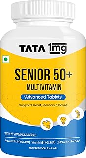 Tata 1mg Senior 50+ Multivitamin & Multimineral Veg Tablet with Calcium for Bone, Skin, Eye, Immunity, Heart & Joints, For Men & Women, Non-GMO & No Added Preservatives (Pack Of 60)