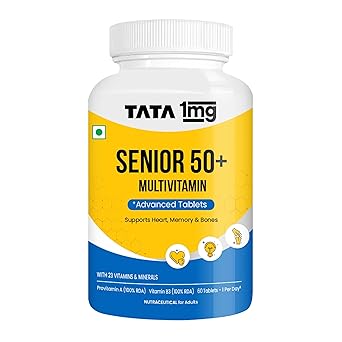 TATA 1mg Senior 50+ Multivitamin & Multimineral Veg Tablet with Calcium for Bone, Skin, Eye, Immunity, Heart & Joints, For Men & Women, Non-GMO & No Added Preservatives (Pack Of 60)