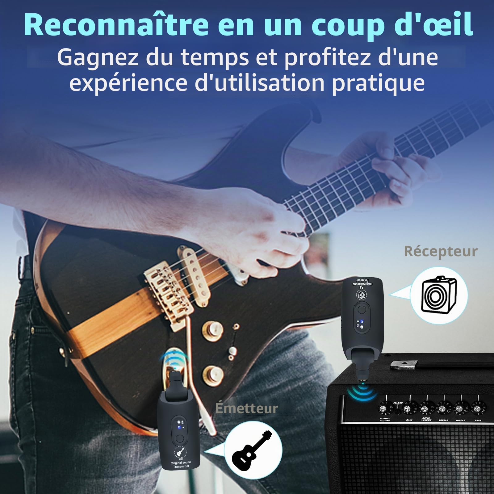 Système de Guitare A9 2,4 GHz Lithium-ION Rechargeable 270° Émetteur Audio sans Fil Acoustique, Basse, Violon, Clavier, Instruments électriques