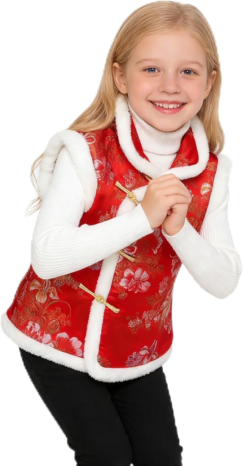 Girl Vest Coat Fleece Quilted Chinese New Year Kids Outfits Traditional Tang Tank Tops
