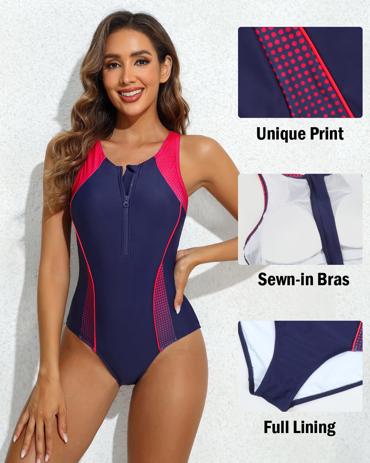 beautyin Costume da bagno intero da donna con cerniera frontale, costume da bagno sportivo con schiena incrociata